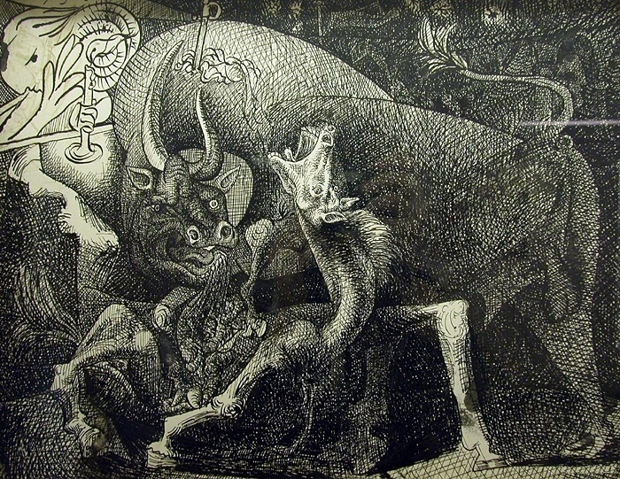 Пабло Пикассо. "Женщина со свечой, бой между быком и лошадью". 1934.